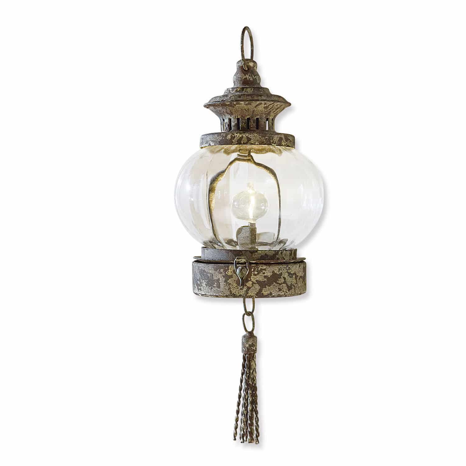 Lanterna da appendere a LED Timone Lanterna sospesa in metallo effetto invecchiato con globo di vetro trasparente e nappina decorativa