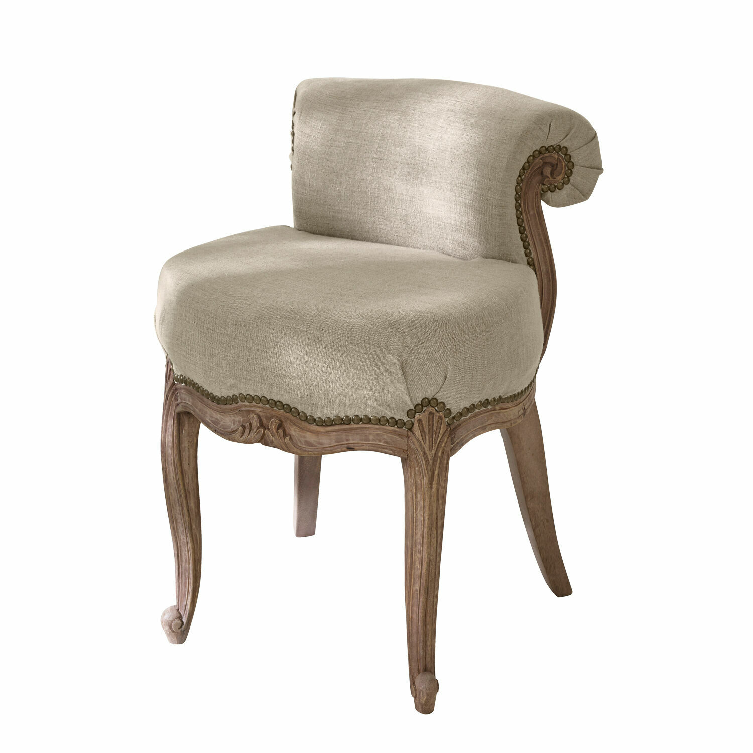 Poltrona Rivel Poltrona beige in tessuto con struttura in legno intagliato, stile classico per soggiorno