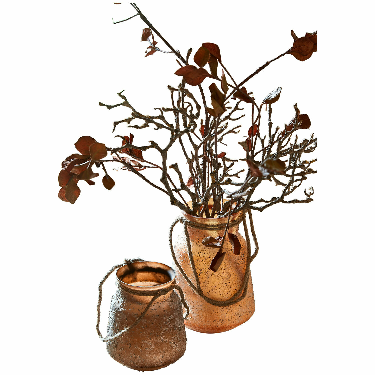 Coppia di vasi Querello Due brocche decorative in vetro color rame con manici in corda e rami secchi per decorazione