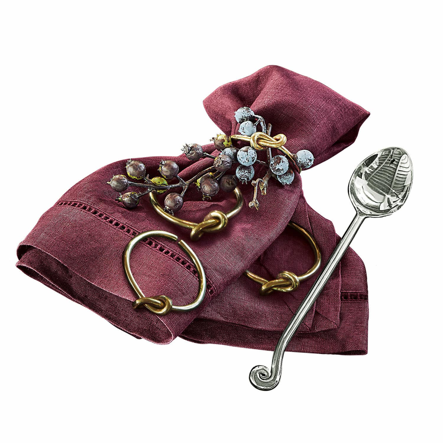 Set di 4 portatovaglioli ad anello Motje Tovagliolo in lino bordeaux con anello in ottone e decorazione di bacche per tavola