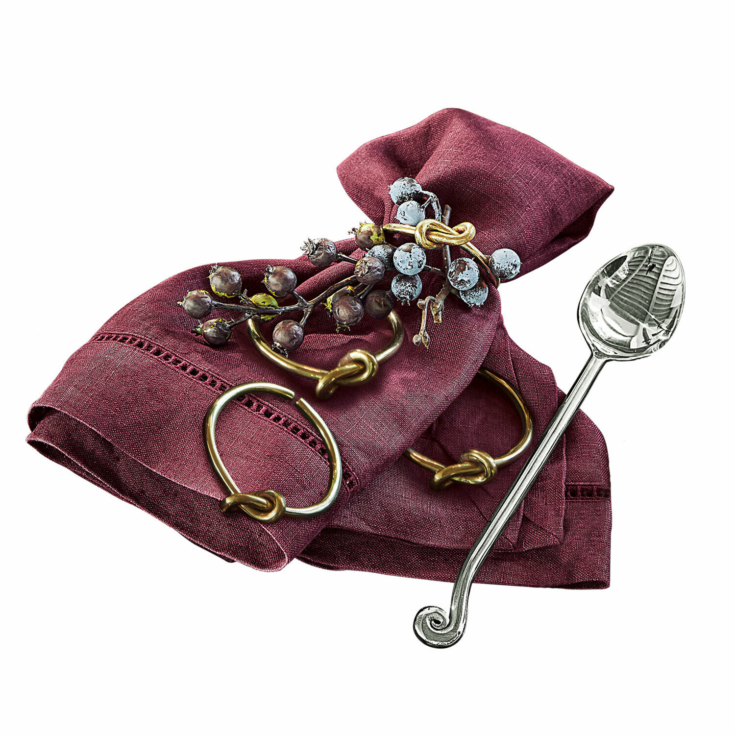 Set di 4 portatovaglioli ad anello Motje Tovagliolo in lino bordeaux con anello in ottone e decorazione di bacche per tavola