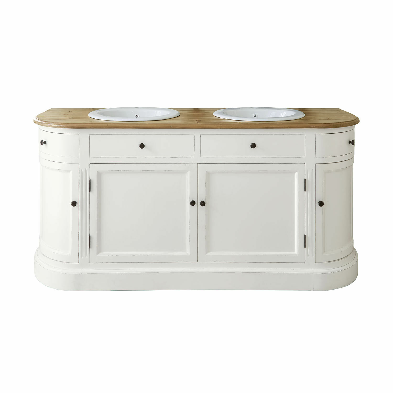 Mobile con doppio lavabo Louisiana Mobile bagno bianco con due lavandini bianchi e piano in legno chiaro