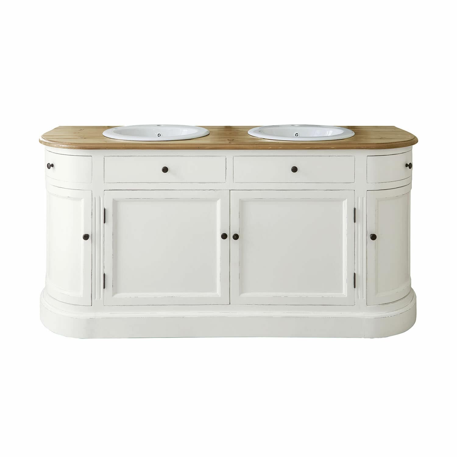 Mobile con doppio lavabo Louisiana Mobile bagno bianco con due lavandini bianchi e piano in legno chiaro