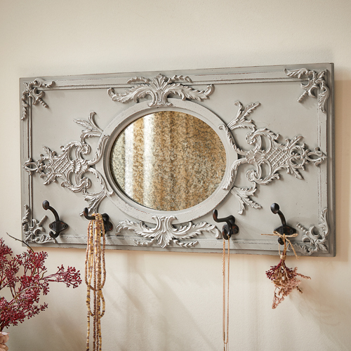Appendiabiti da parete decorativo grigio con specchio ovale e tre ganci in metallo per gioielli