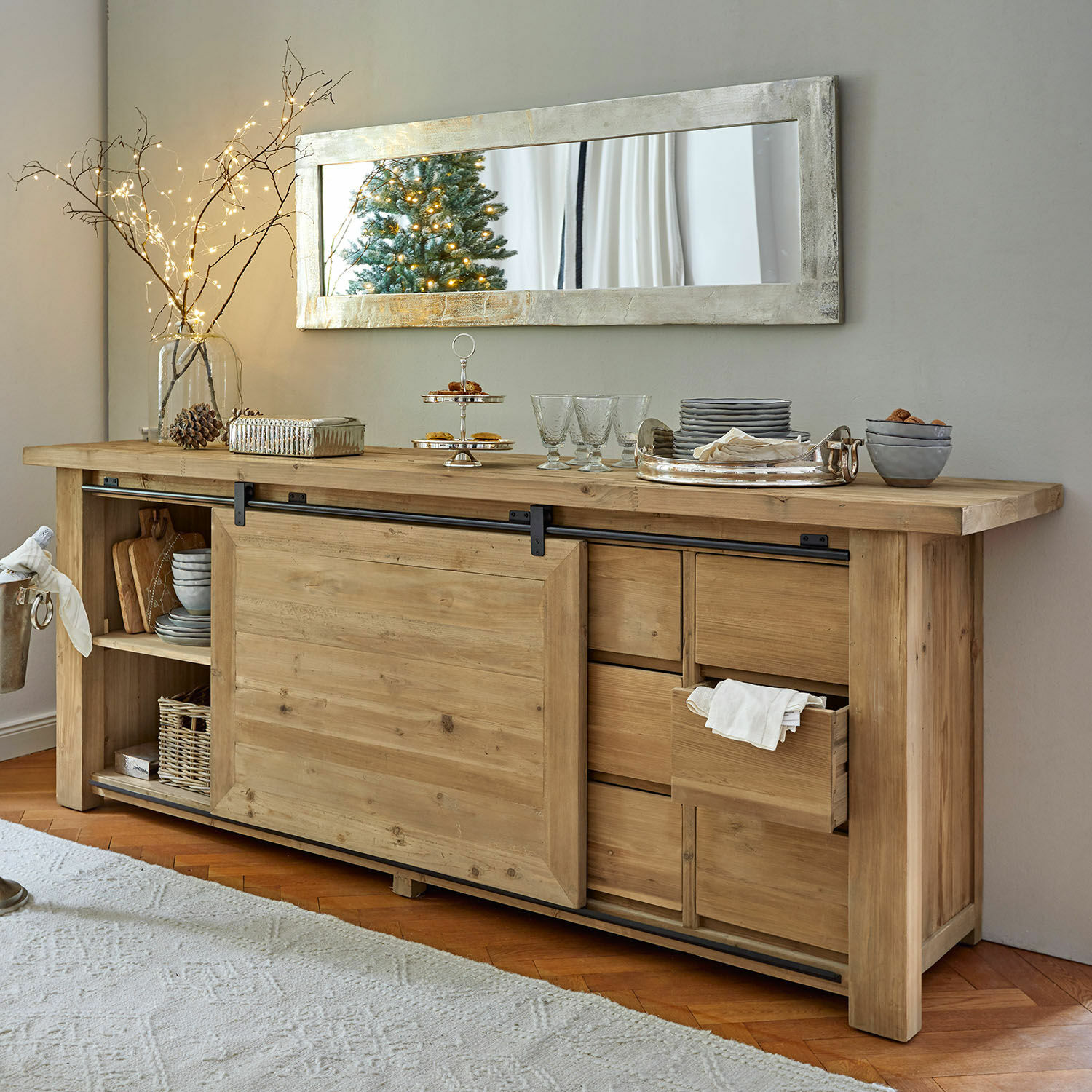 Mobile contenitore Orleans Credenza in legno naturale con ante scorrevoli e cassetti per soggiorno e spazio