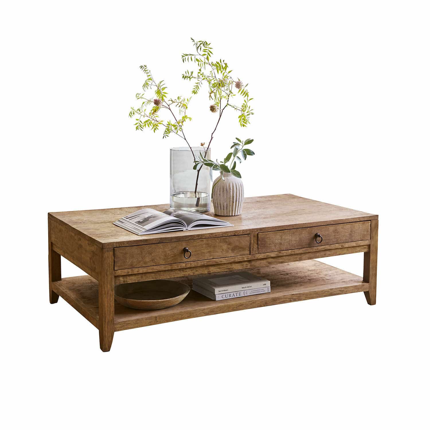Tavolino da salotto Rasmus Tavolino in legno di mango naturale con due cassetti e ripiano per libri e decorazioni