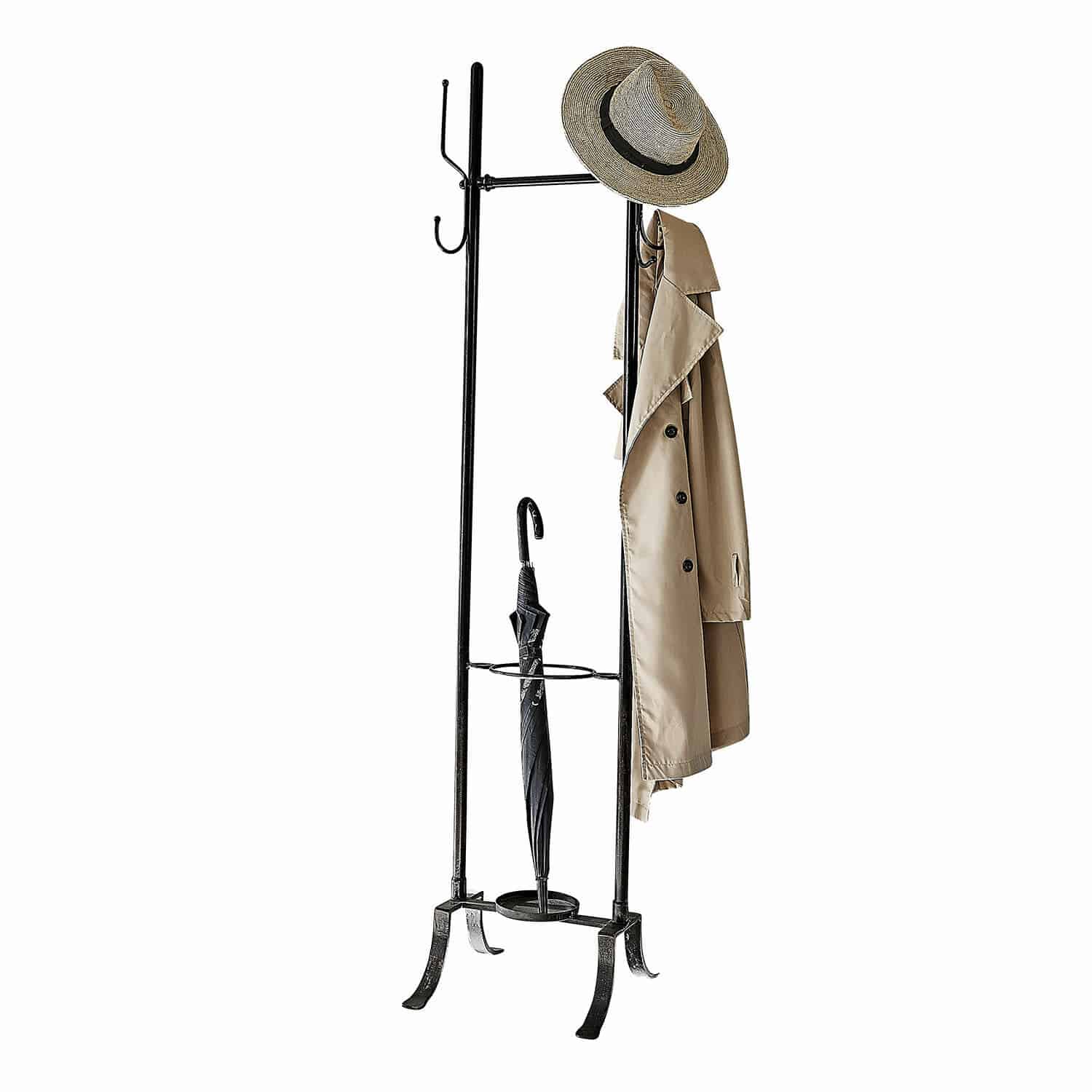 Appendiabiti Mistyvale Attaccapanni in metallo nero con cappotto beige, cappello e ombrello nero per ingresso
