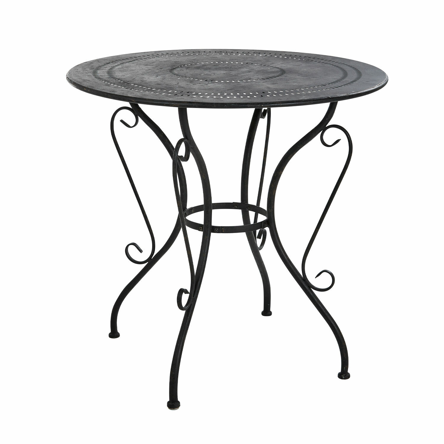 Tavolino Aube Tavolo rotondo in metallo nero con piano traforato e gambe decorative per giardino