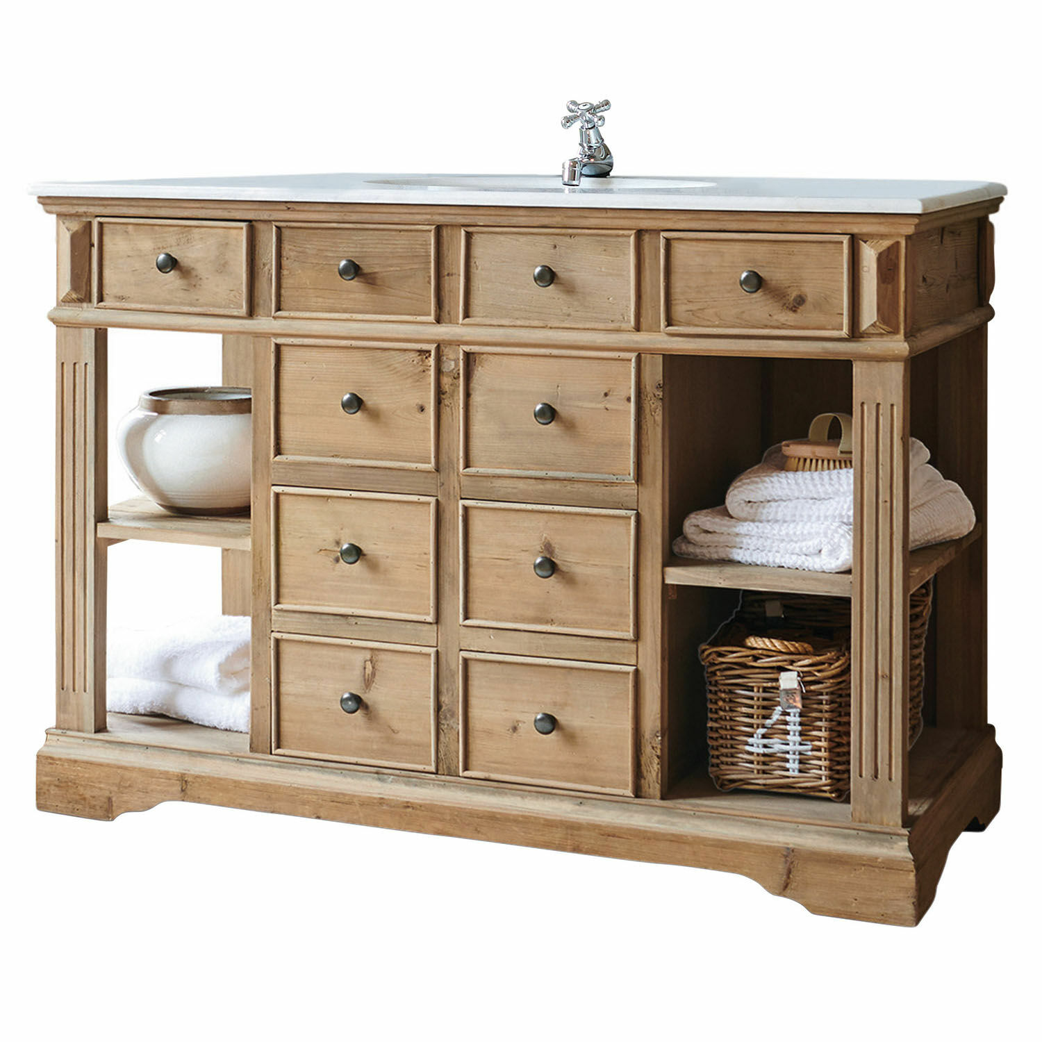 Mobile per lavabo Thibault Mobile bagno in legno con piano in marmo bianco e rubinetto in metallo, colore legno naturale