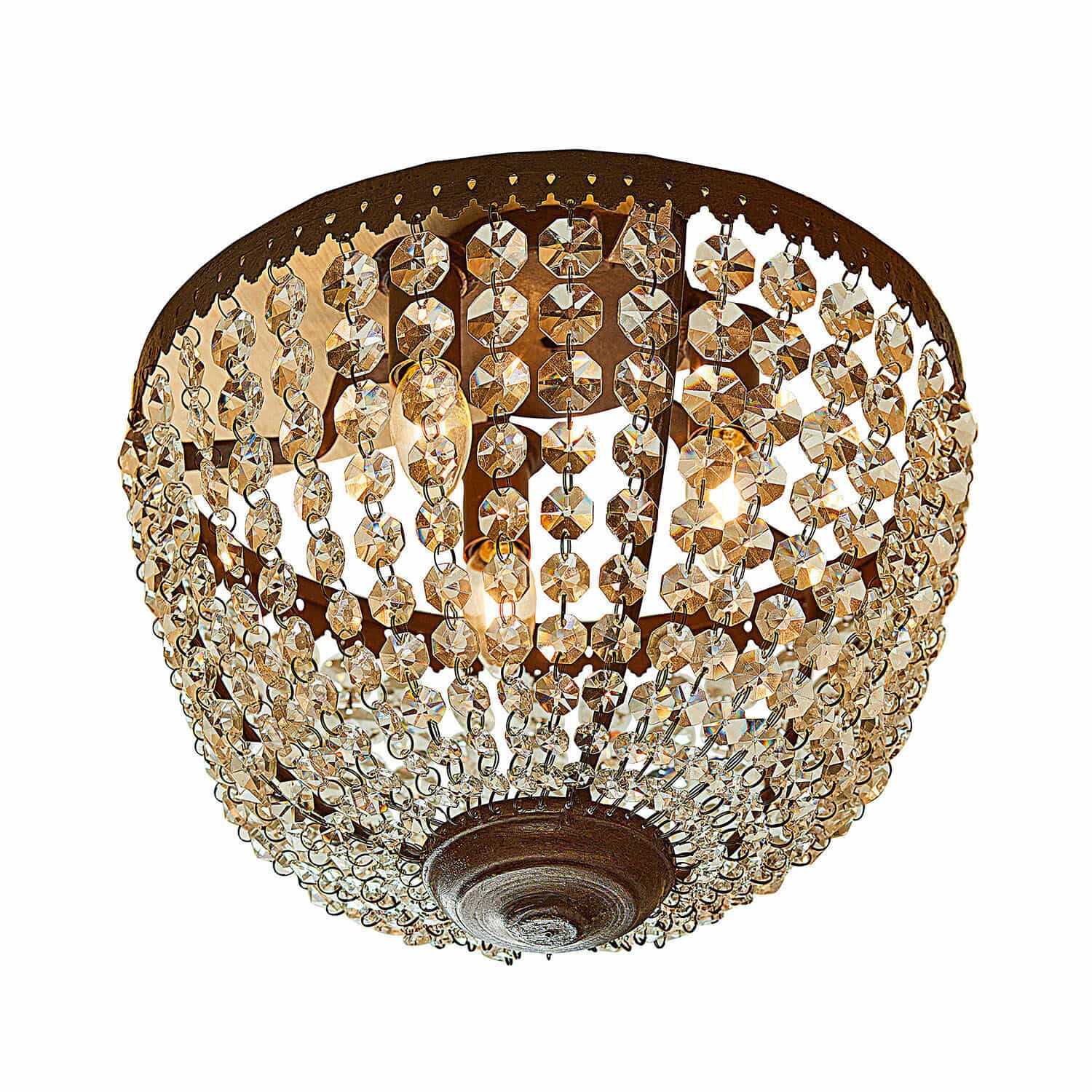 Plafoniera Tarim Lampada da soffitto con pendenti in cristallo e struttura metallica arrugginita, lampada decorativa LED