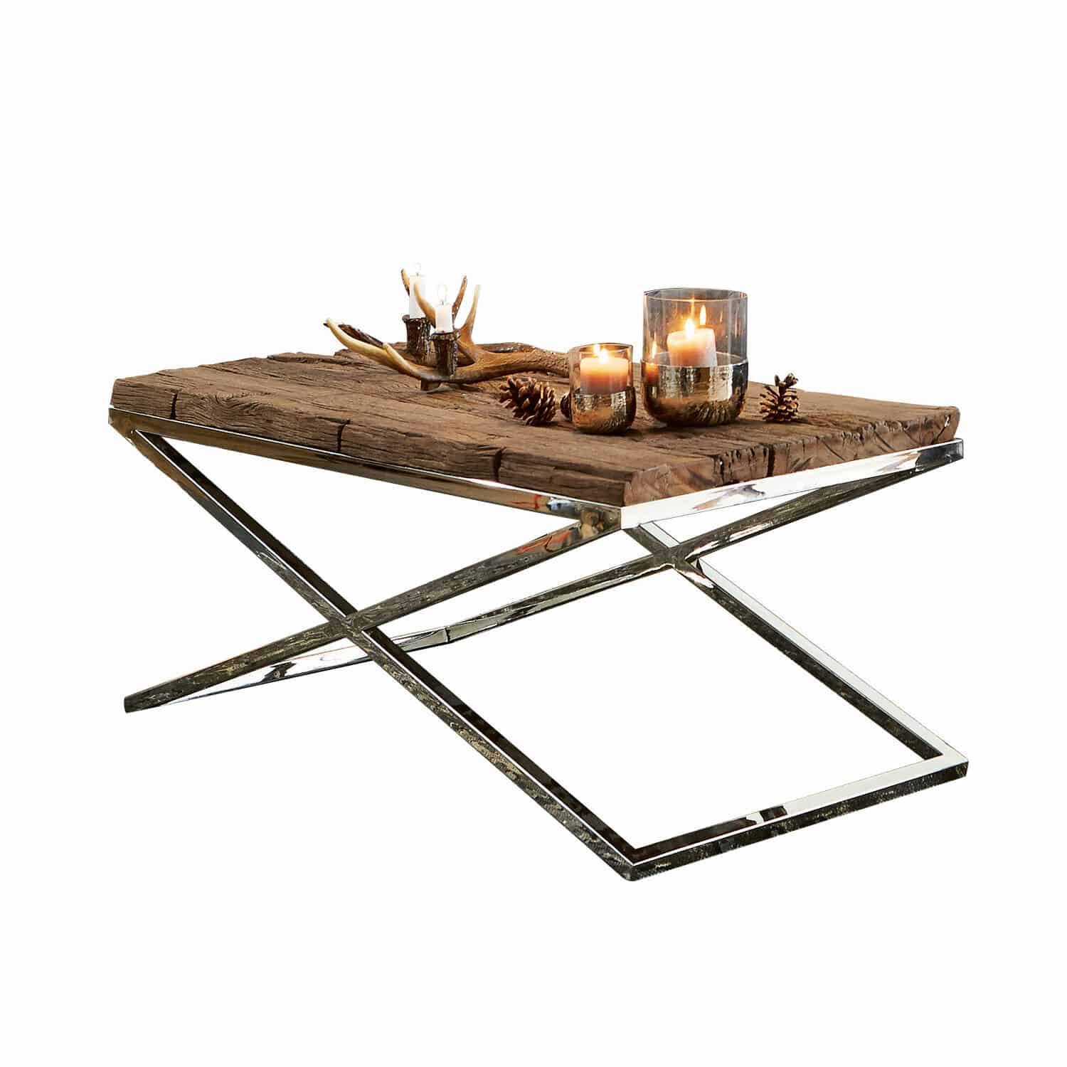 Tavolino da caffè Wilson Tavolino con piano in legno e base metallica argento, decorato con candele accese