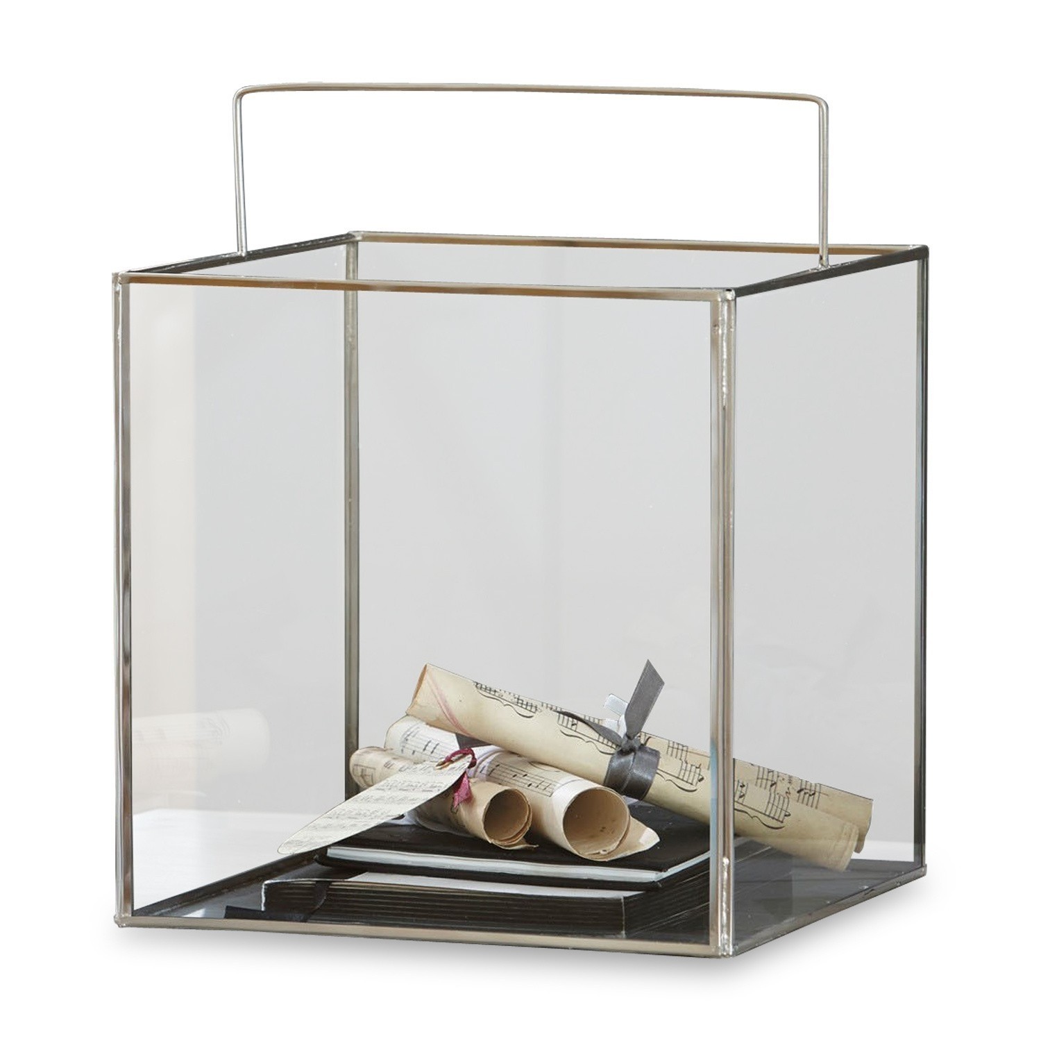 Cubo in vetro Otero Lanterna in vetro trasparente con cornice metallica e manico, elemento decorativo per interni