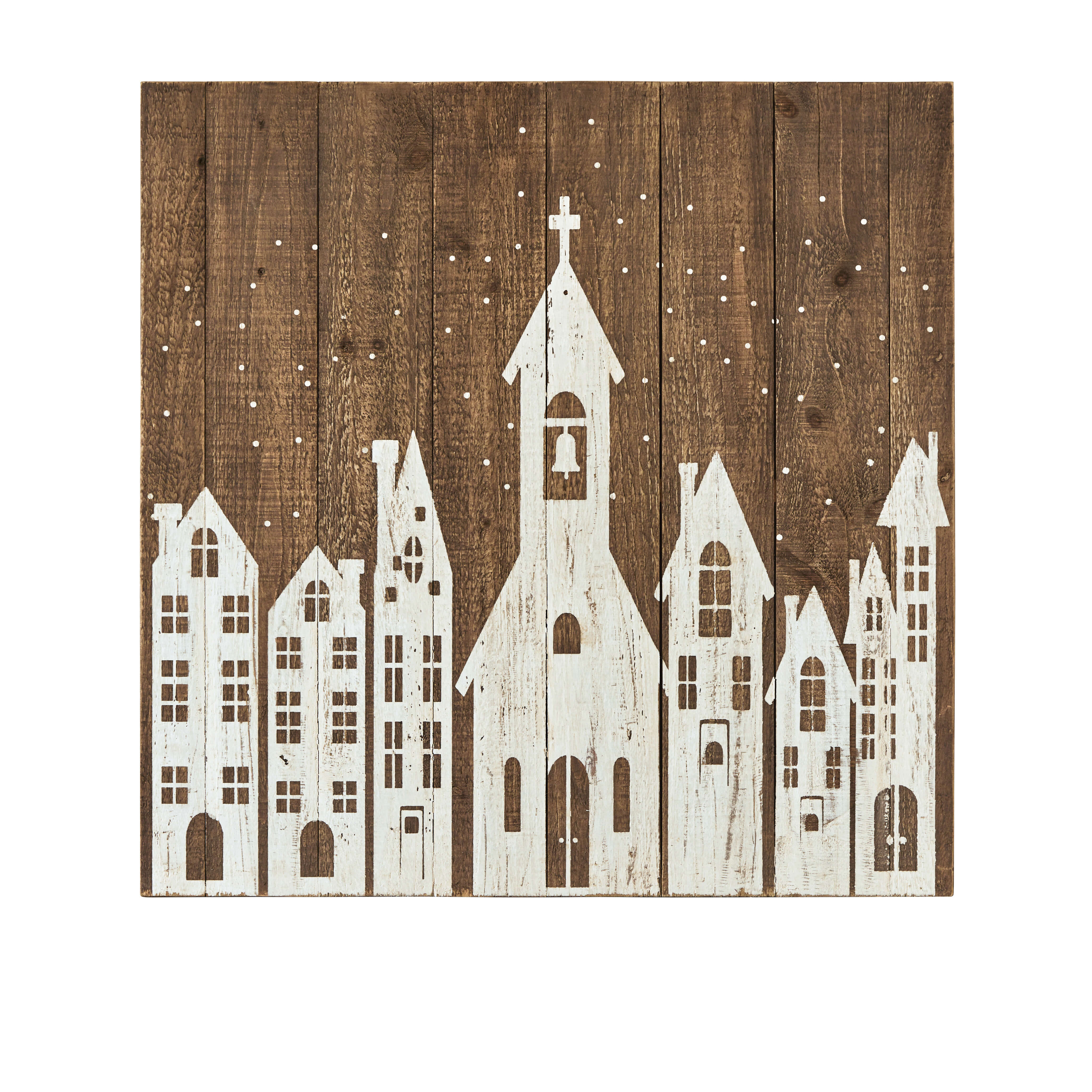 Decorazione da parete in legno con case bianche e chiesa su sfondo marrone, ornamento natalizio rustico