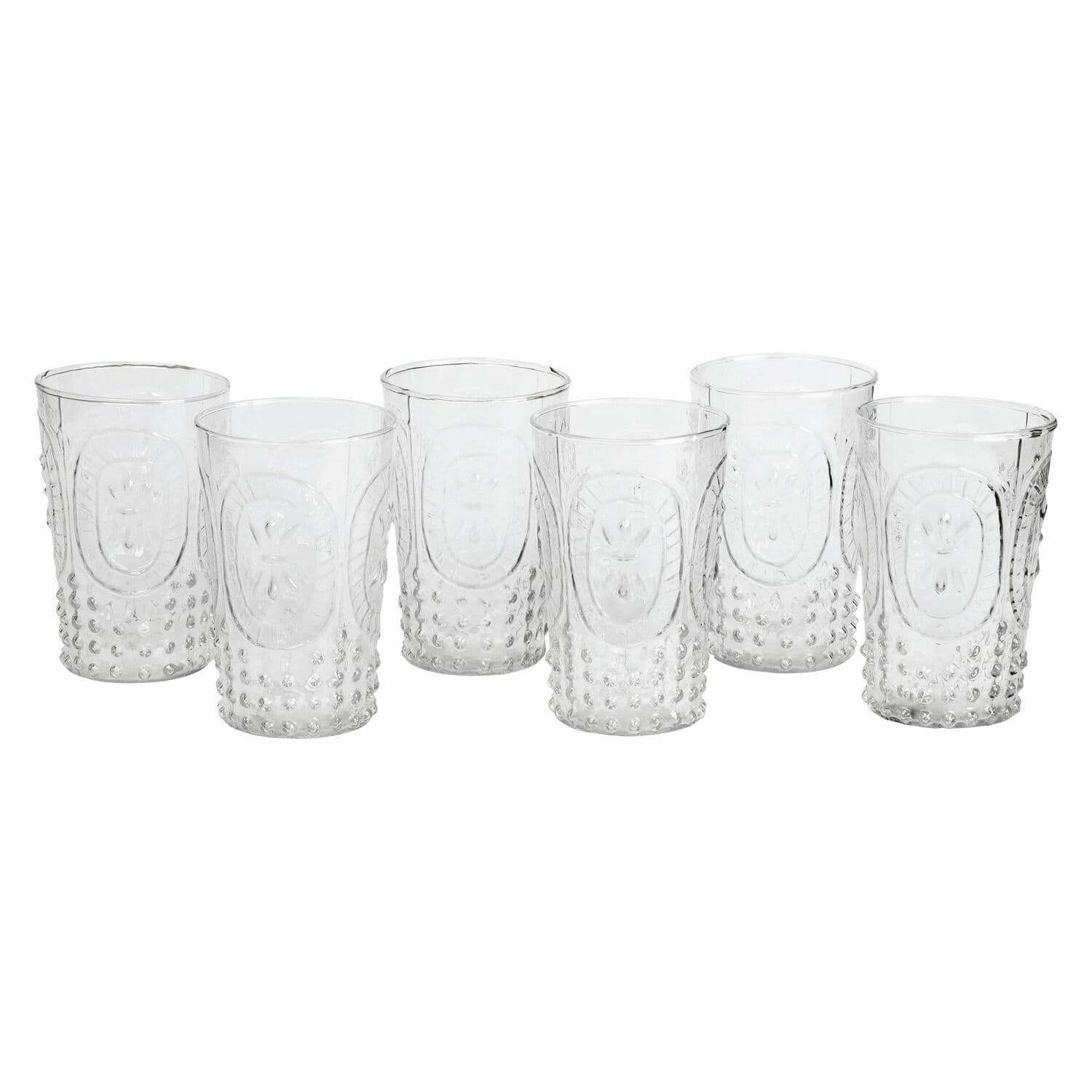 Set di 6 bicchieri Fleury Set di sei bicchieri trasparenti in vetro con rilievo decorativo e puntini in rilievo