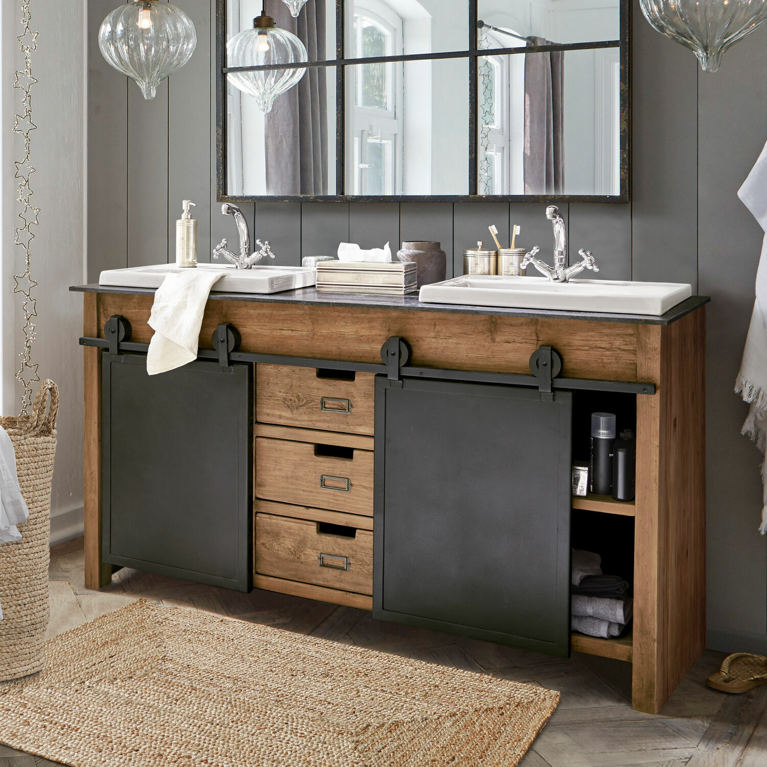 Mobile con doppio lavabo Aulon Mobile bagno in legno con ante scorrevoli in metallo nero e doppio lavabo
