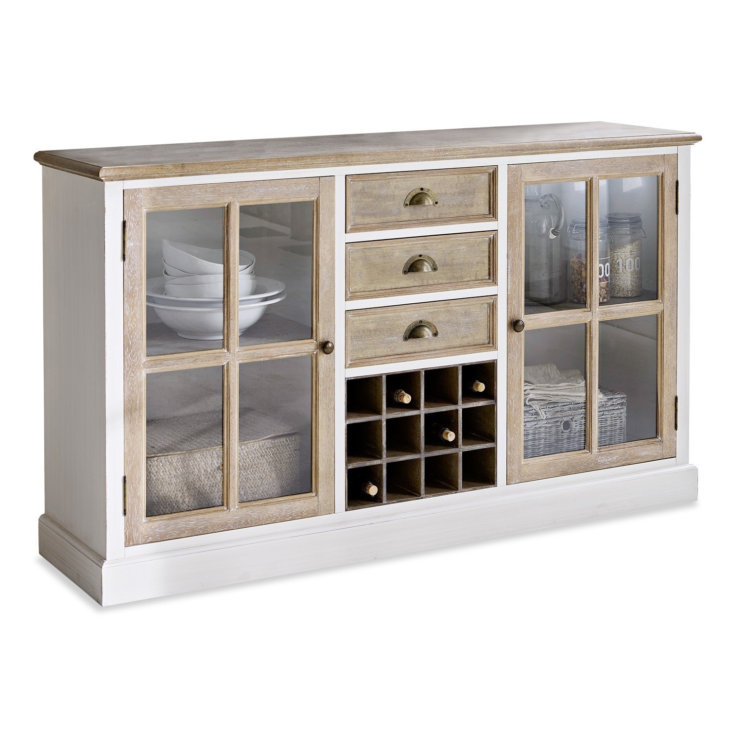 Comò Magoffin Credenza in legno e vetro bianco e naturale con cassetti e portabottiglie