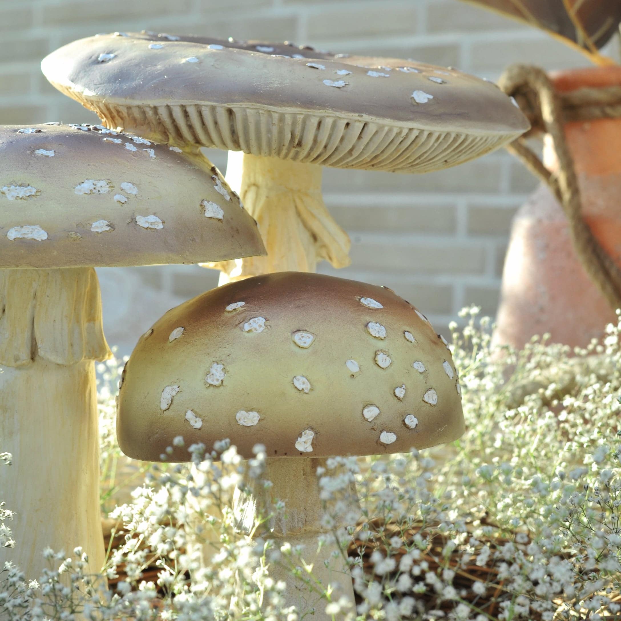 Funghi decorativi marroni e crema con macchie bianche in composizione floreale autunnale delicata