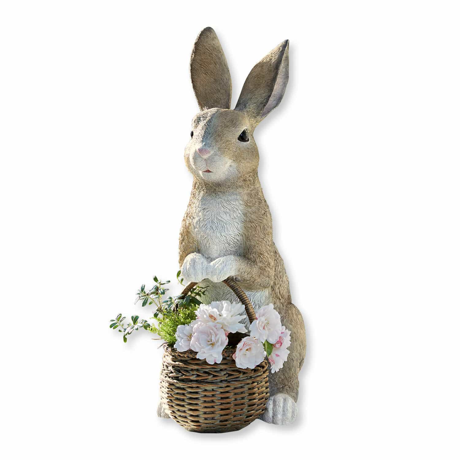 Coniglietto con cesto Alais Figura di coniglio marrone in resina con cesto e fiori decorativi bianchi per giardino