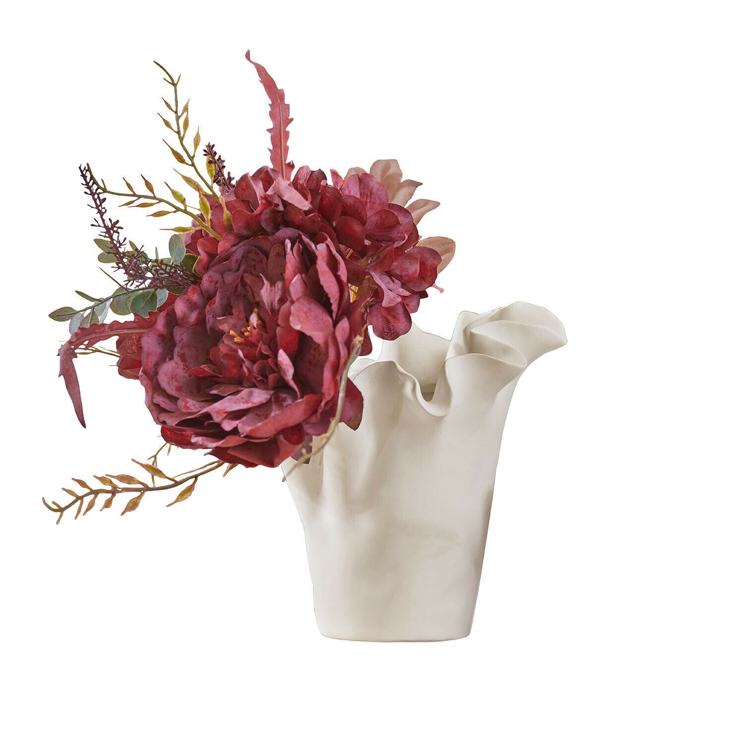 Vaso Elvessa Vaso in ceramica bianca con bordo ondulato con fiori artificiali rossi e foglie verdi decorative