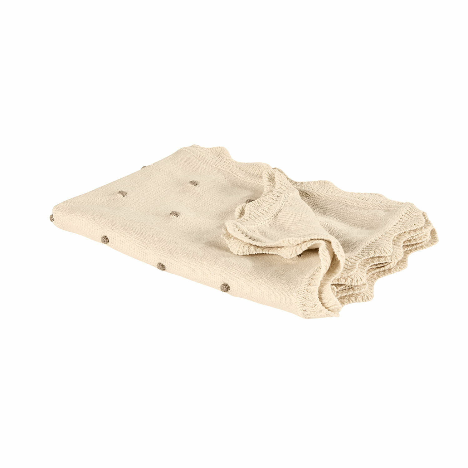 Plaid Saphie Coperta beige lavorata a maglia con piccoli pois marroni e bordo ondulato, tessuto morbido.