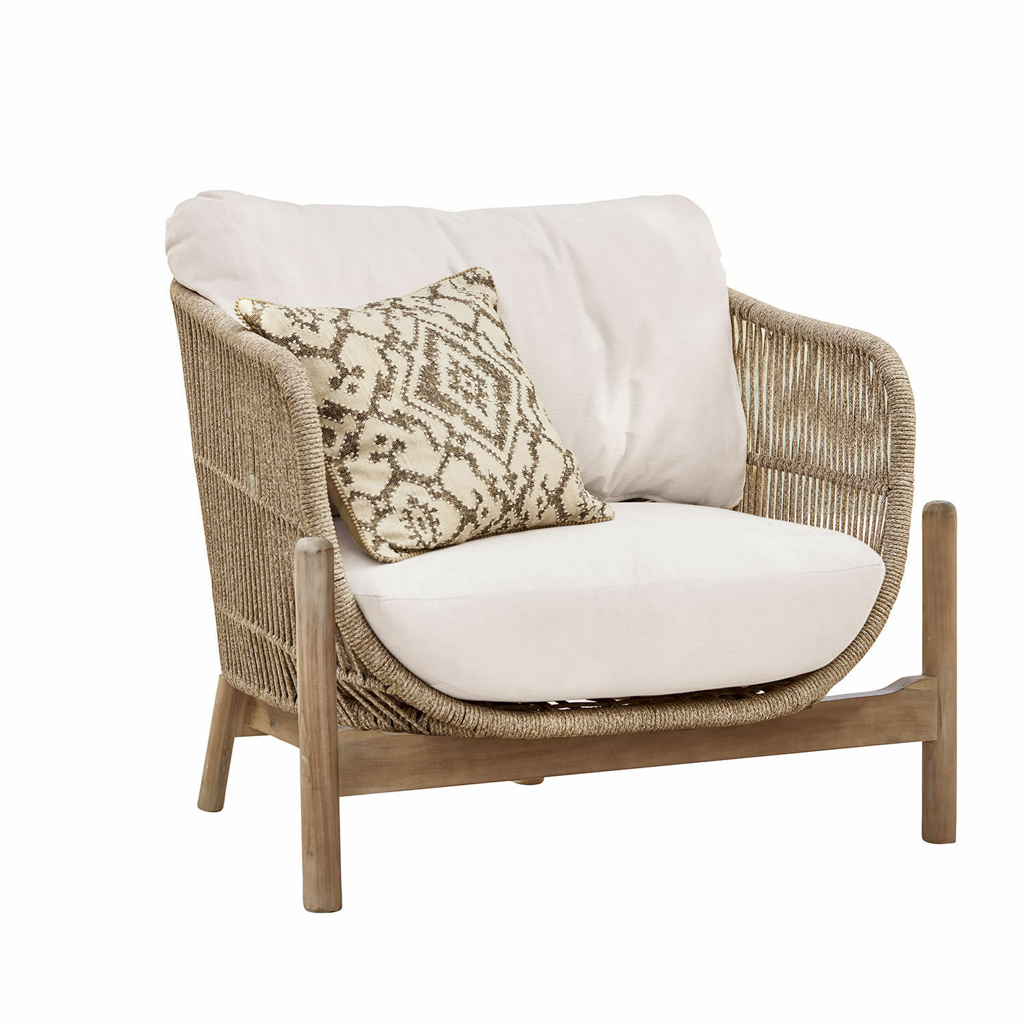 Poltrona FSC®-100% Belvidere Poltrona con cuscino beige e schienale intrecciato in legno naturale e tessuto