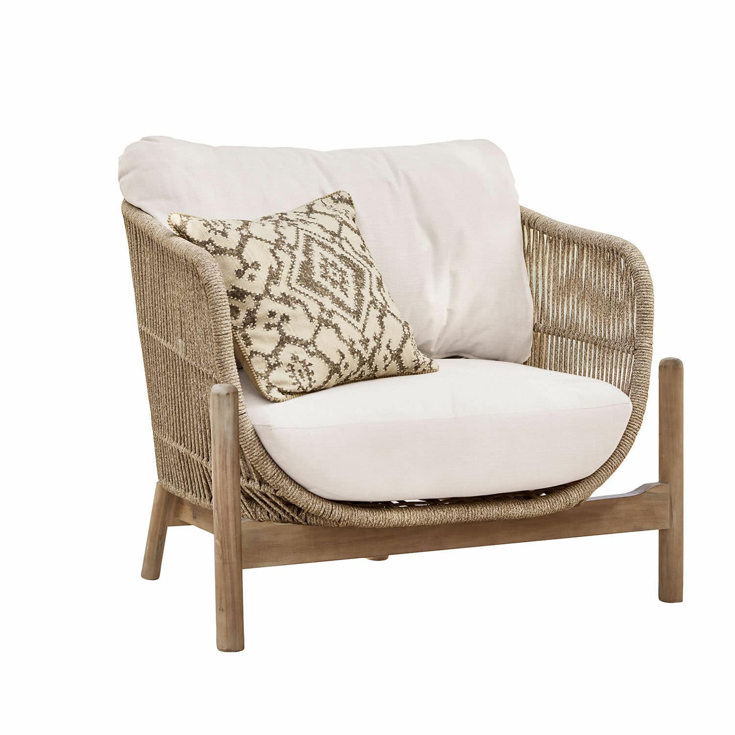 Poltrona FSC®-100% Belvidere Poltrona con cuscino beige e schienale intrecciato in legno naturale e tessuto