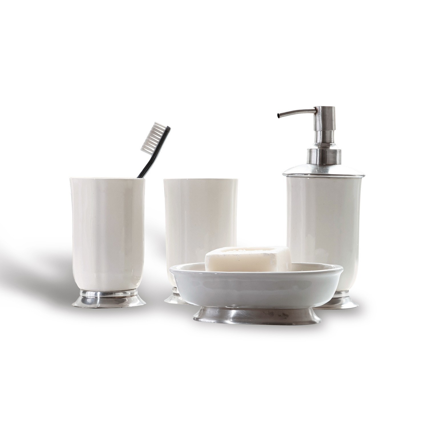 Set per bagno Millicent Set bagno in ceramica bianca con dettagli metallici, include dispenser e portasapone