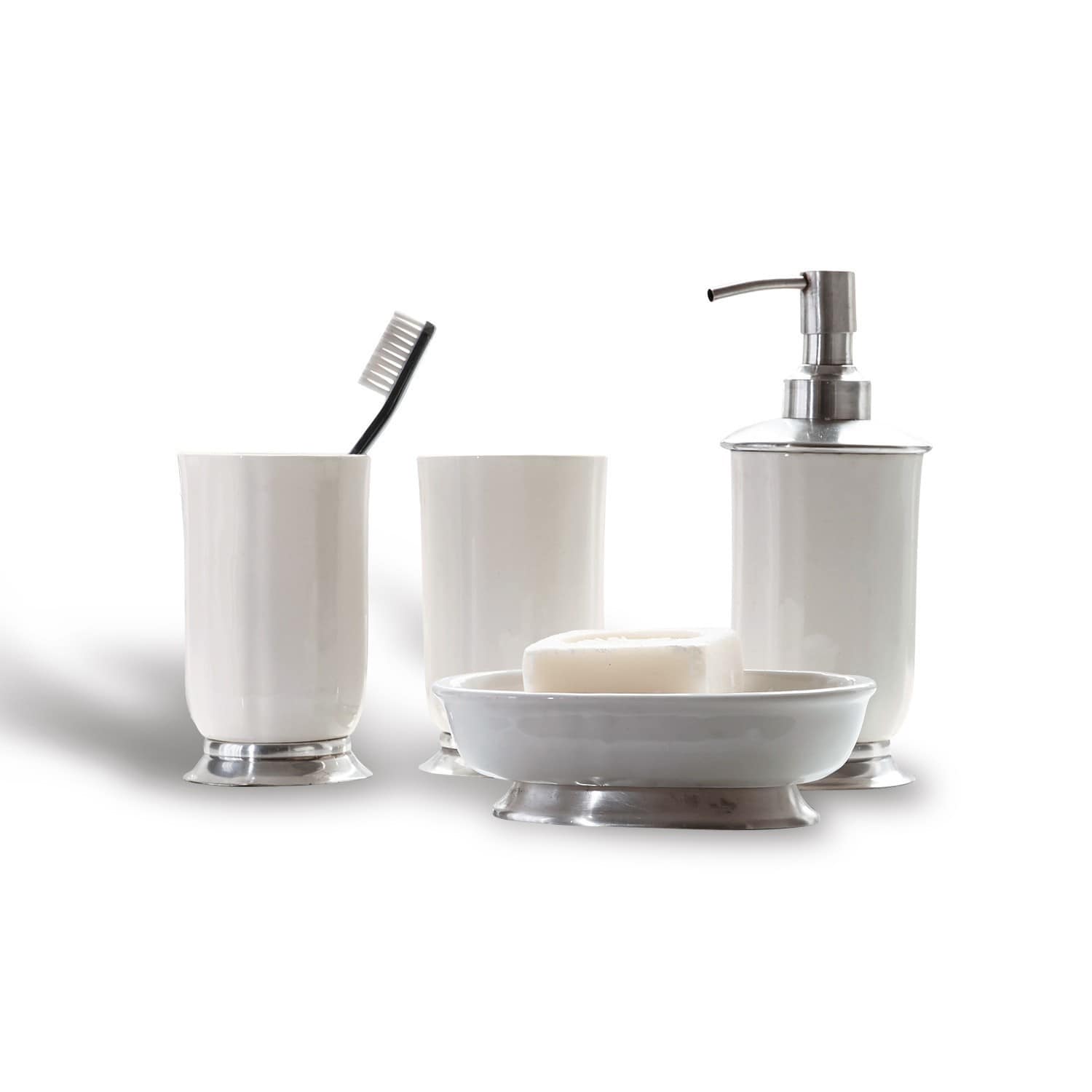 Set per bagno Millicent Set bagno in ceramica bianca con dettagli metallici, include dispenser e portasapone