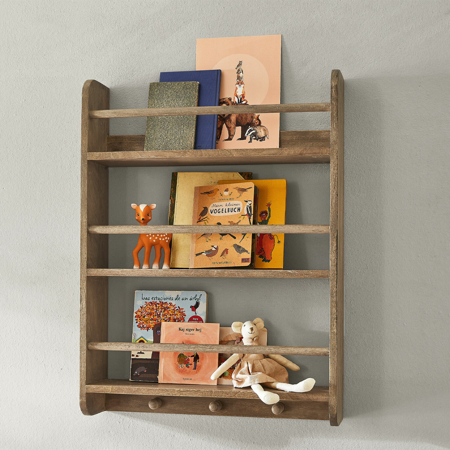 Scaffale da parete Quenby Mensola da parete in legno naturale con libri e giocattoli per la cameretta dei bambini