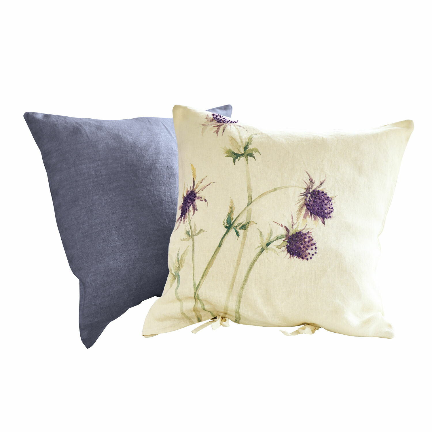 Coppia di copricuscini Épine Set di due cuscini in lino, uno crema con motivo floreale viola, l'altro grigio tinta unita per arredamento