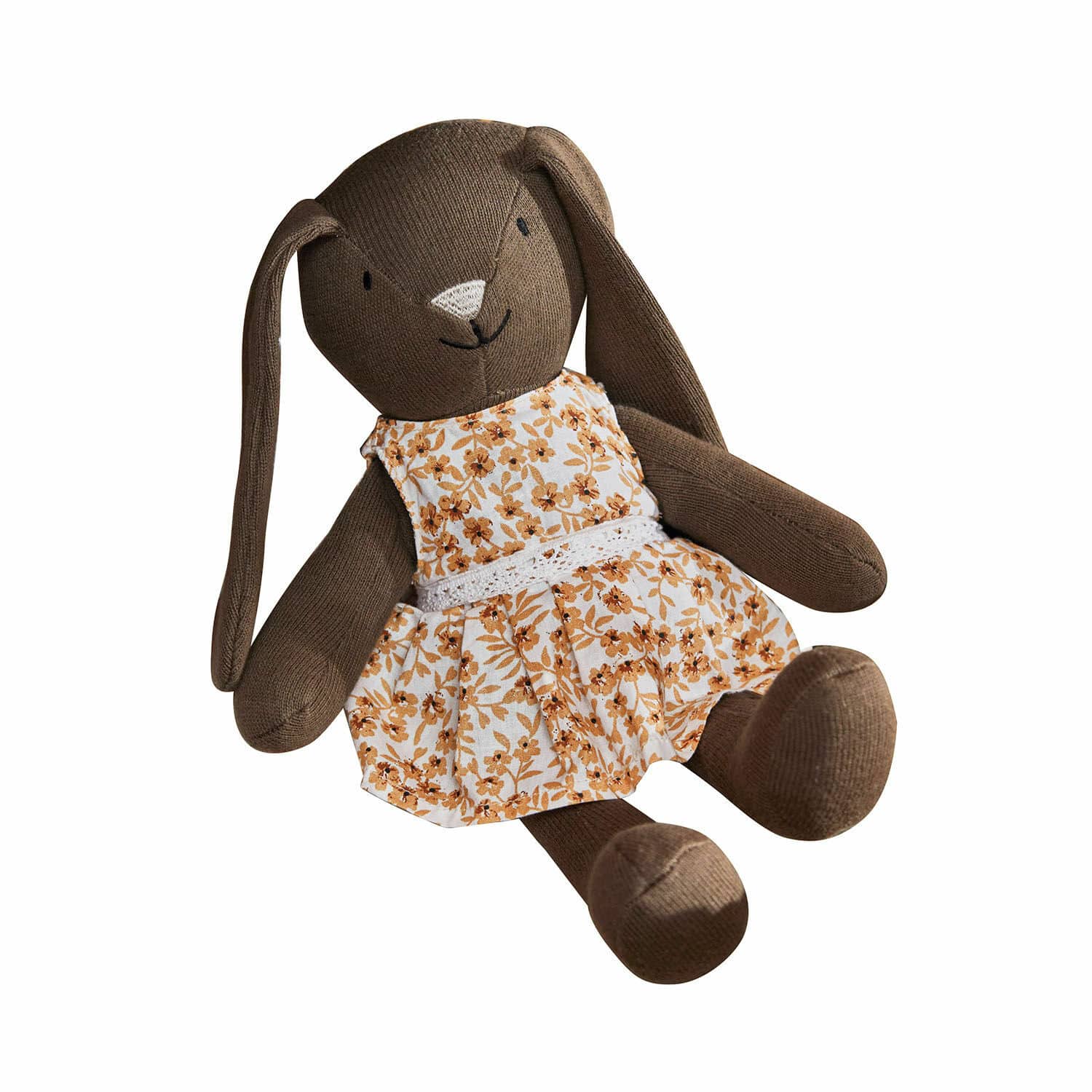 Peluche Pippaloo Coniglio di peluche marrone con vestito floreale beige e arancione, giocattolo morbido per bambini