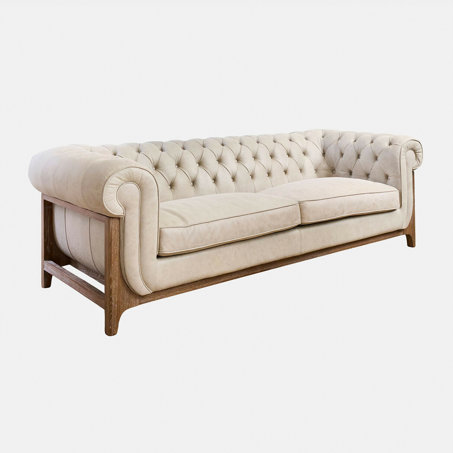 beige Divano beige Swansboro con schienale capitonné e struttura in legno, mobile elegante per soggiorno