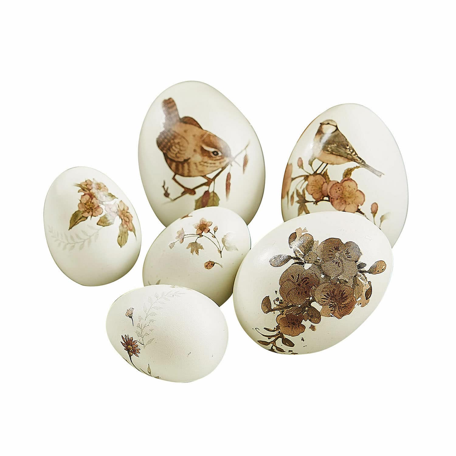 Set di 6 uova decorative Sylphette Set di sei uova decorative beige con motivi di uccelli e fiori per decorazioni primaverili
