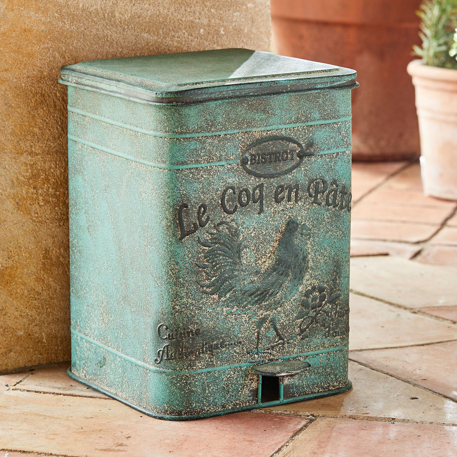 Pattumiera Kora Cestino in metallo verde stile vintage con motivo gallo, perfetto per terrazza o giardino