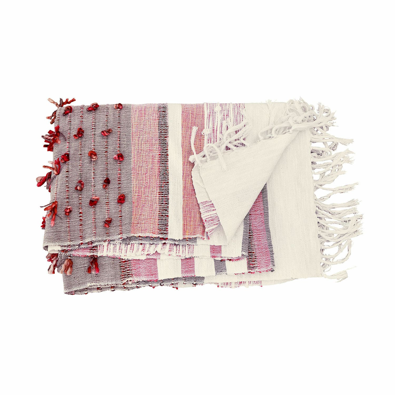 Plaid Yazmira Plaid colorato in cotone con frange e decorazioni rosse, coperta morbida decorativa