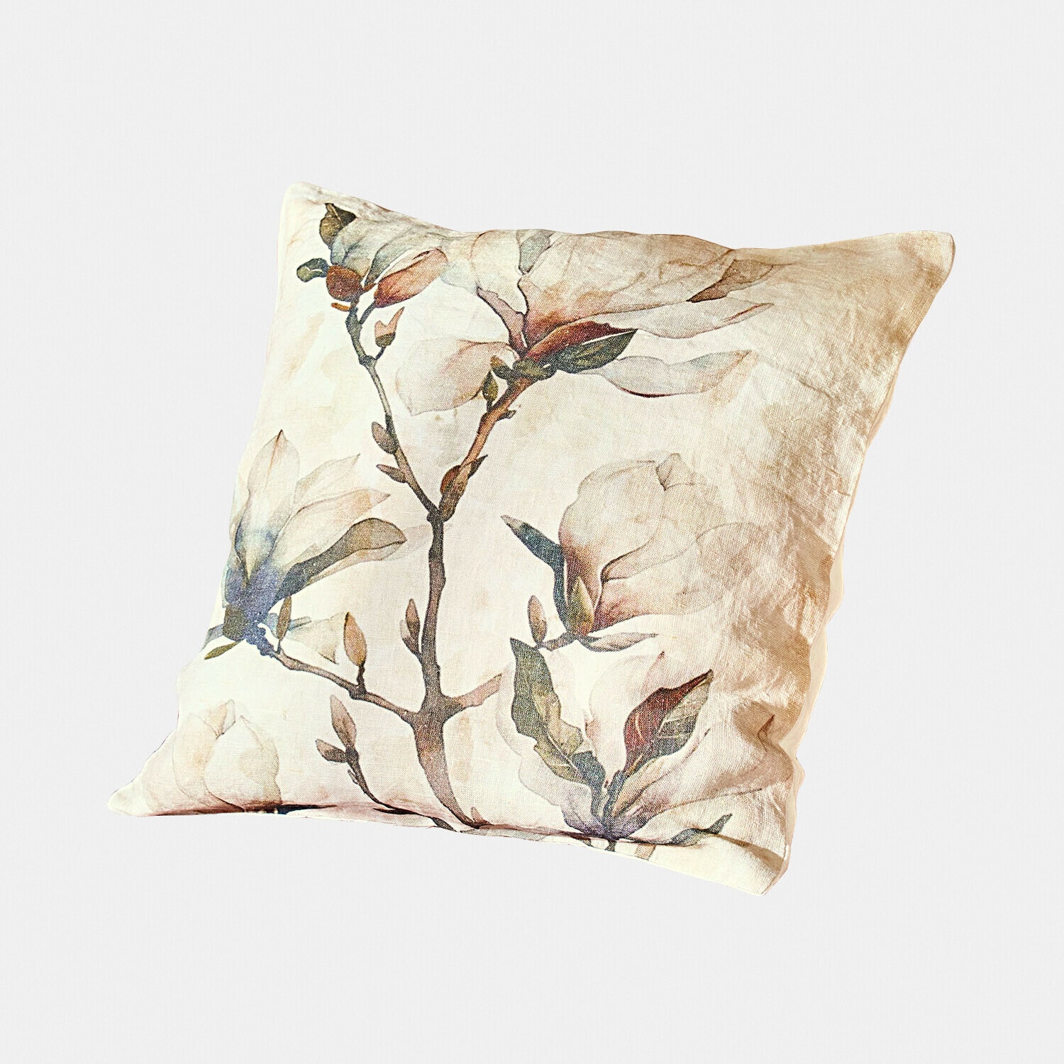 Copricuscino Aurélines Cuscino in lino beige con stampa di fiori di magnolia, decorativo e morbido per il soggiorno