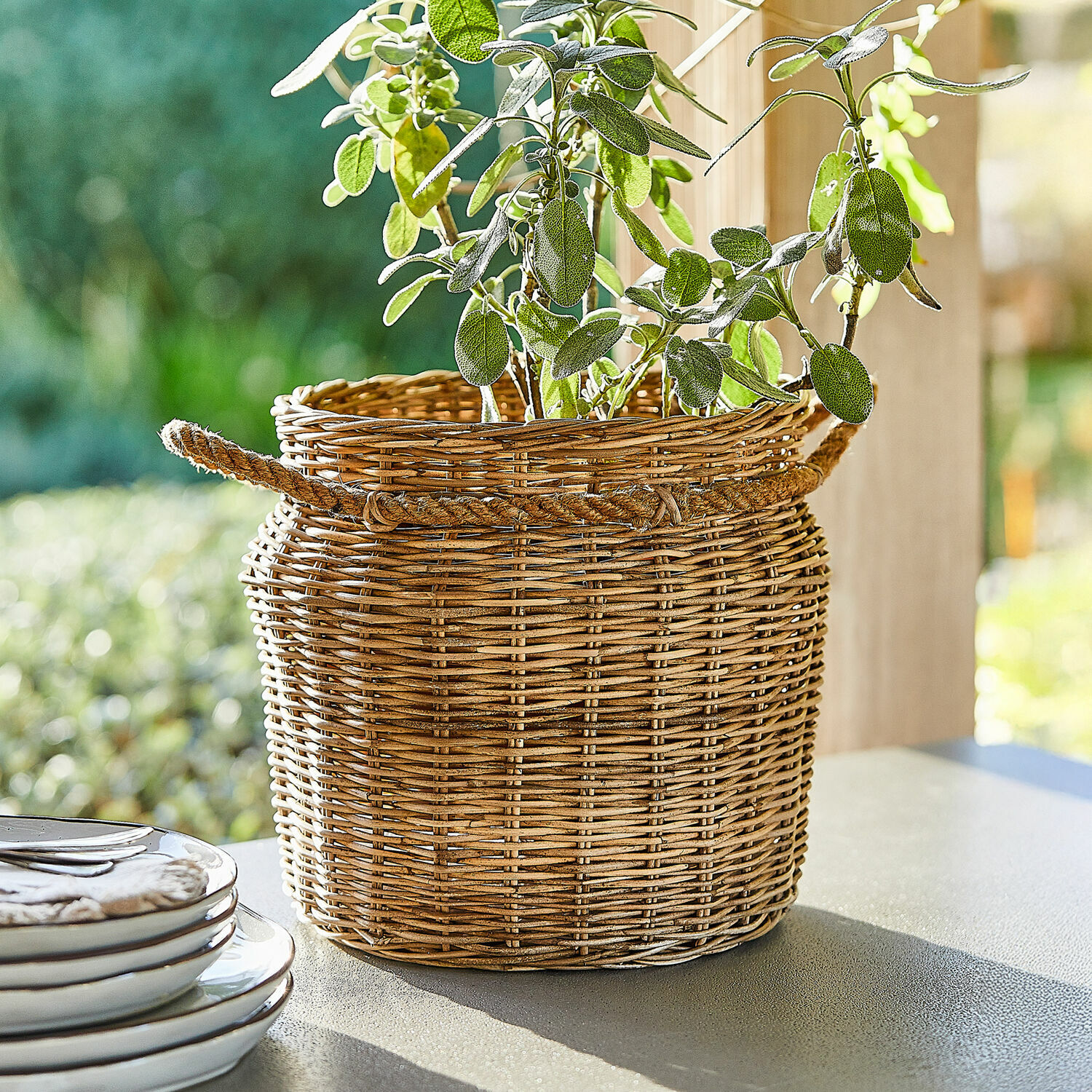 Cesto Doriven Cesto rotondo in rattan naturale con manici in corda, decorazione e contenitore versatile