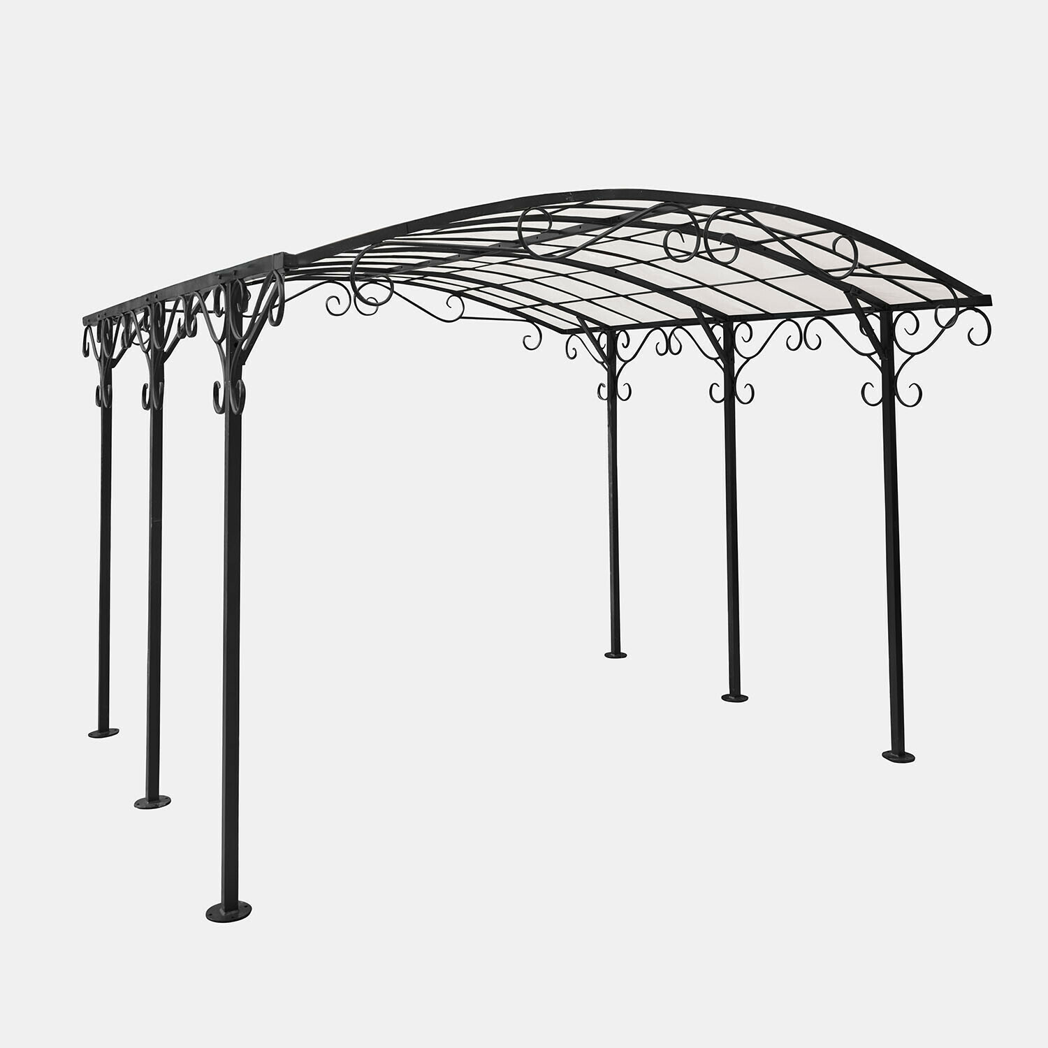 Pergola in metallo nero con decorazioni a volute e tetto arcuato, ideale per giardino o terrazza