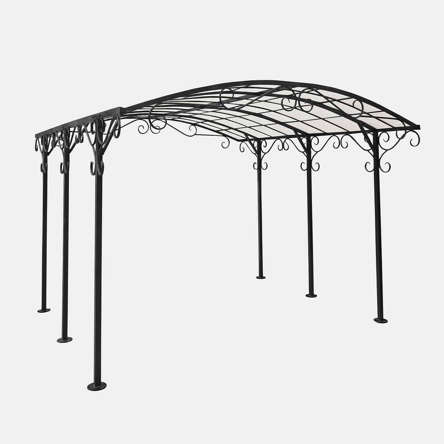 Pergola Delbridge Pergola in metallo nero con decorazioni a volute e tetto arcuato, ideale per giardino o terrazza