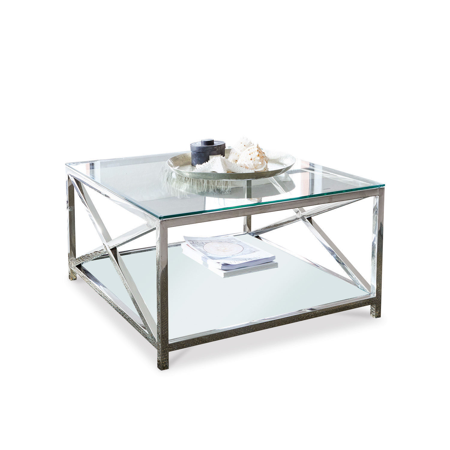 Tavolino da salotto Stamford Tavolino quadrato con piano in vetro e struttura metallica argento per soggiorno moderno