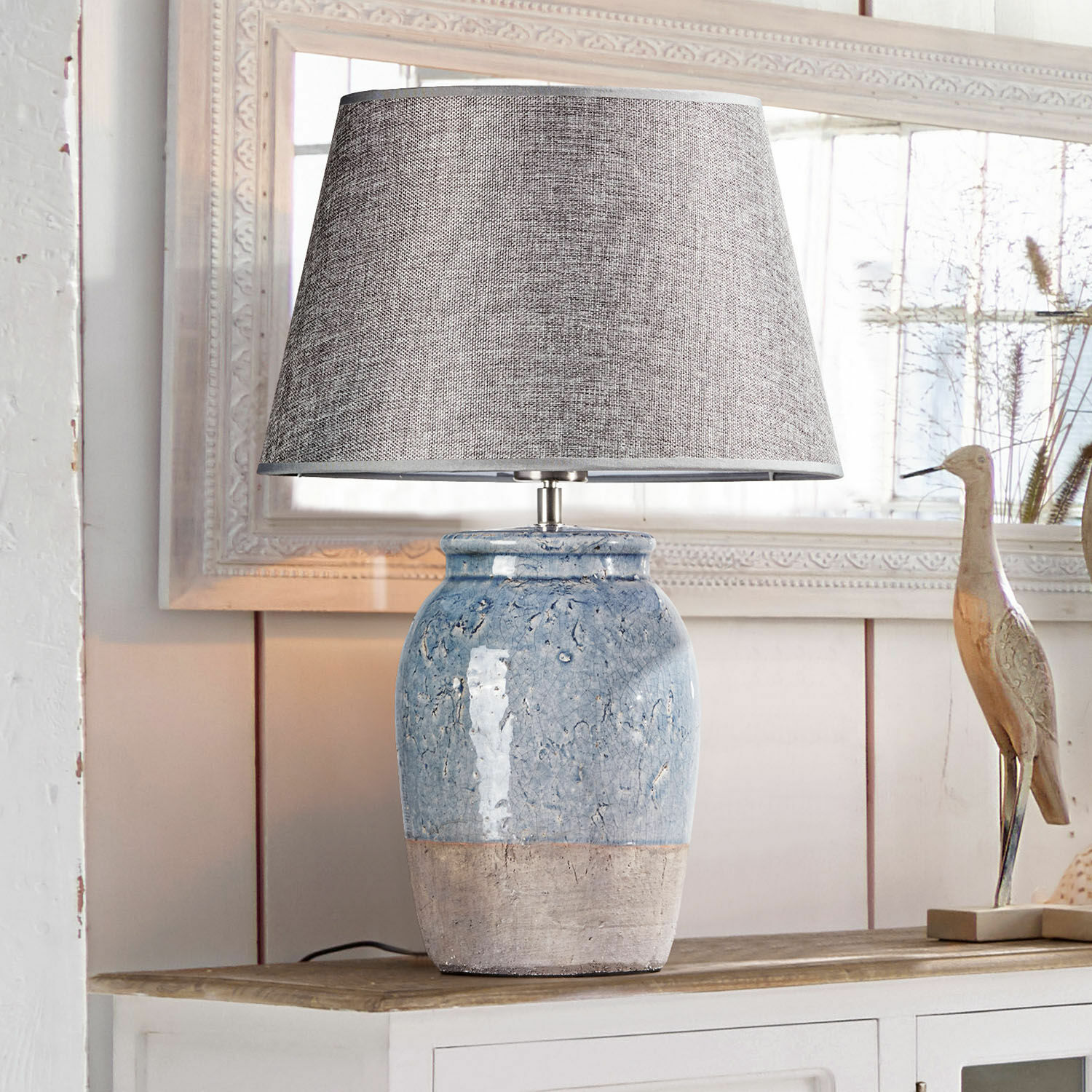 Lampada da tavolo Manly Lampada da tavolo in ceramica blu e beige con paralume grigio, decorazione per interni