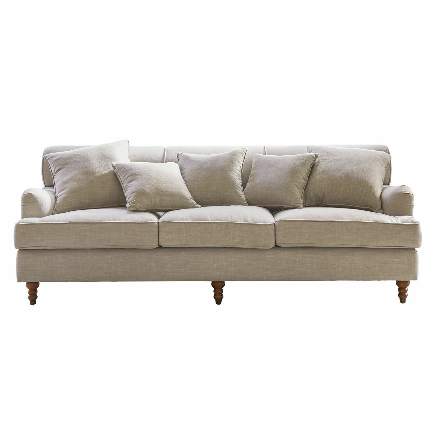 Divano Isa Divano beige in tessuto con cuscini e gambe in legno, mobile confortevole per soggiorno