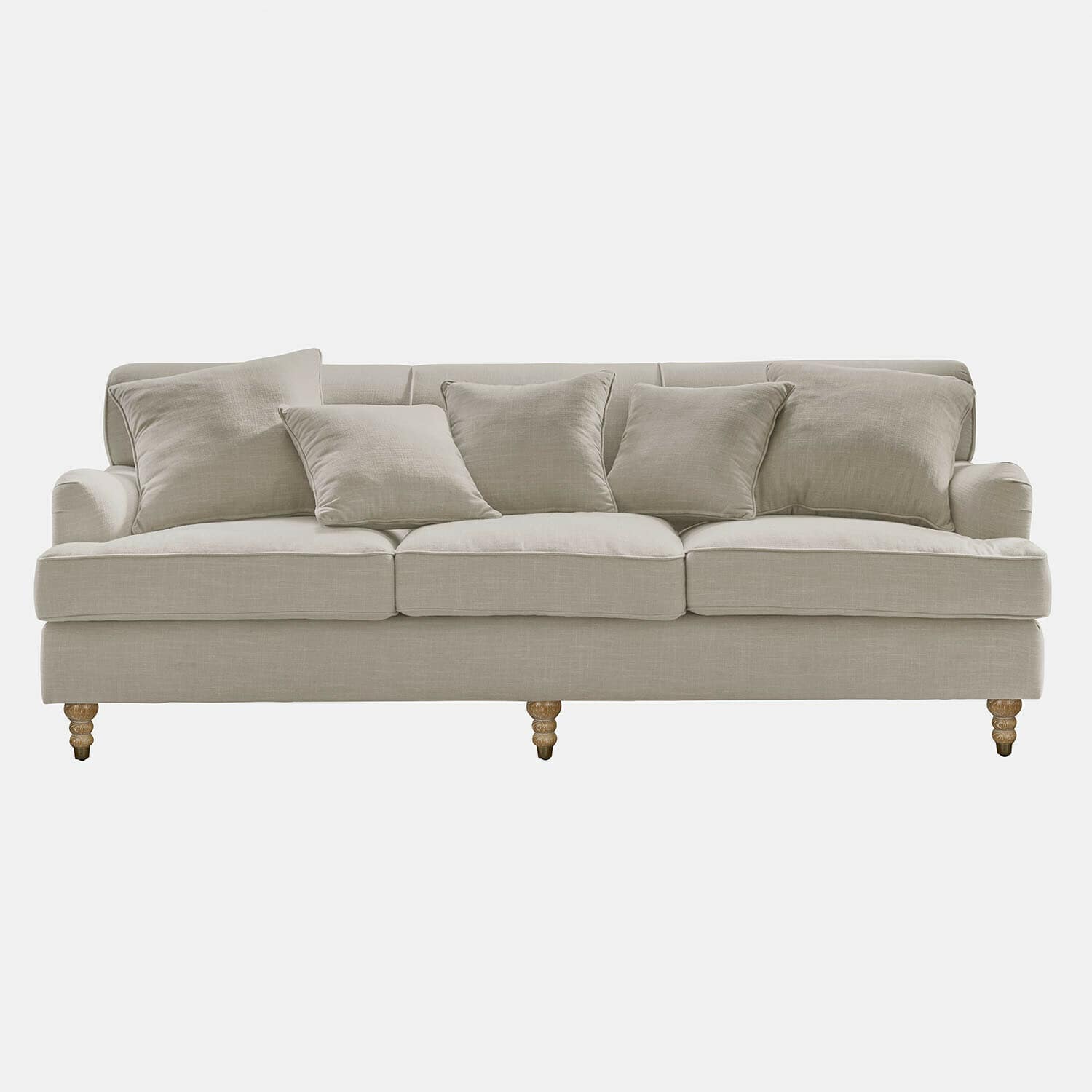 Divano beige in tessuto con cuscini e gambe in legno, mobile confortevole per soggiorno