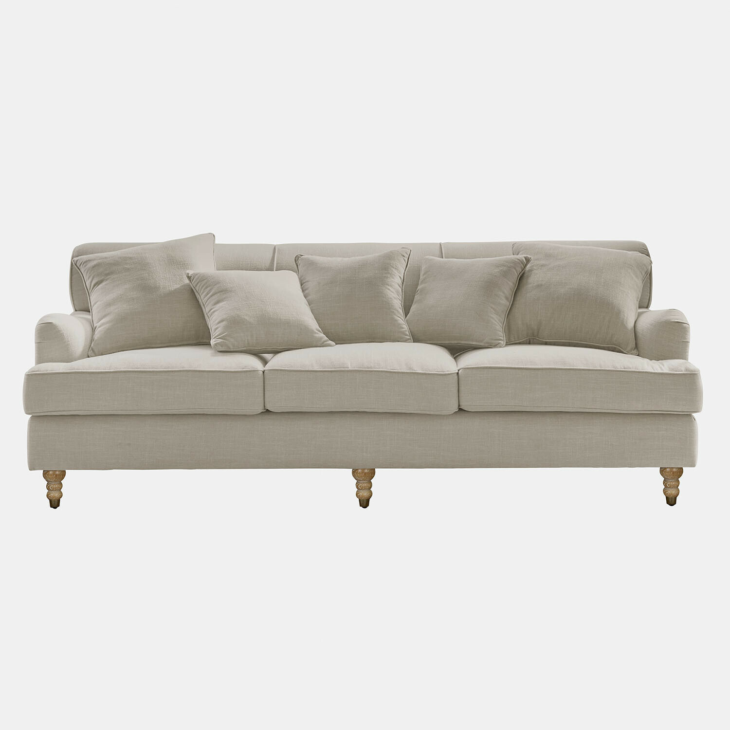 Divano Isa Divano beige in tessuto con cuscini e gambe in legno, mobile confortevole per soggiorno