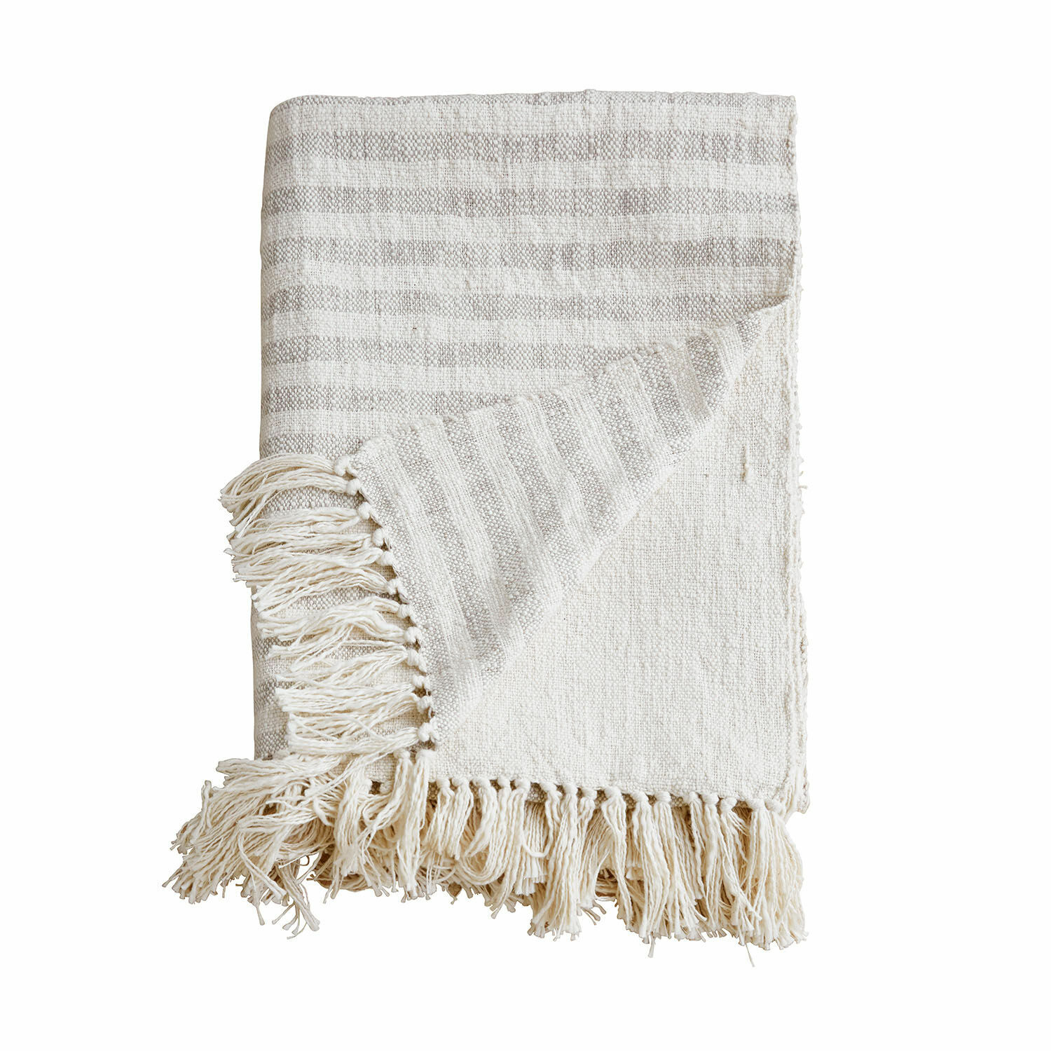 Coperta Marpent Plaid in cotone naturale color crema con frange, coperta morbida e decorativa per il soggiorno