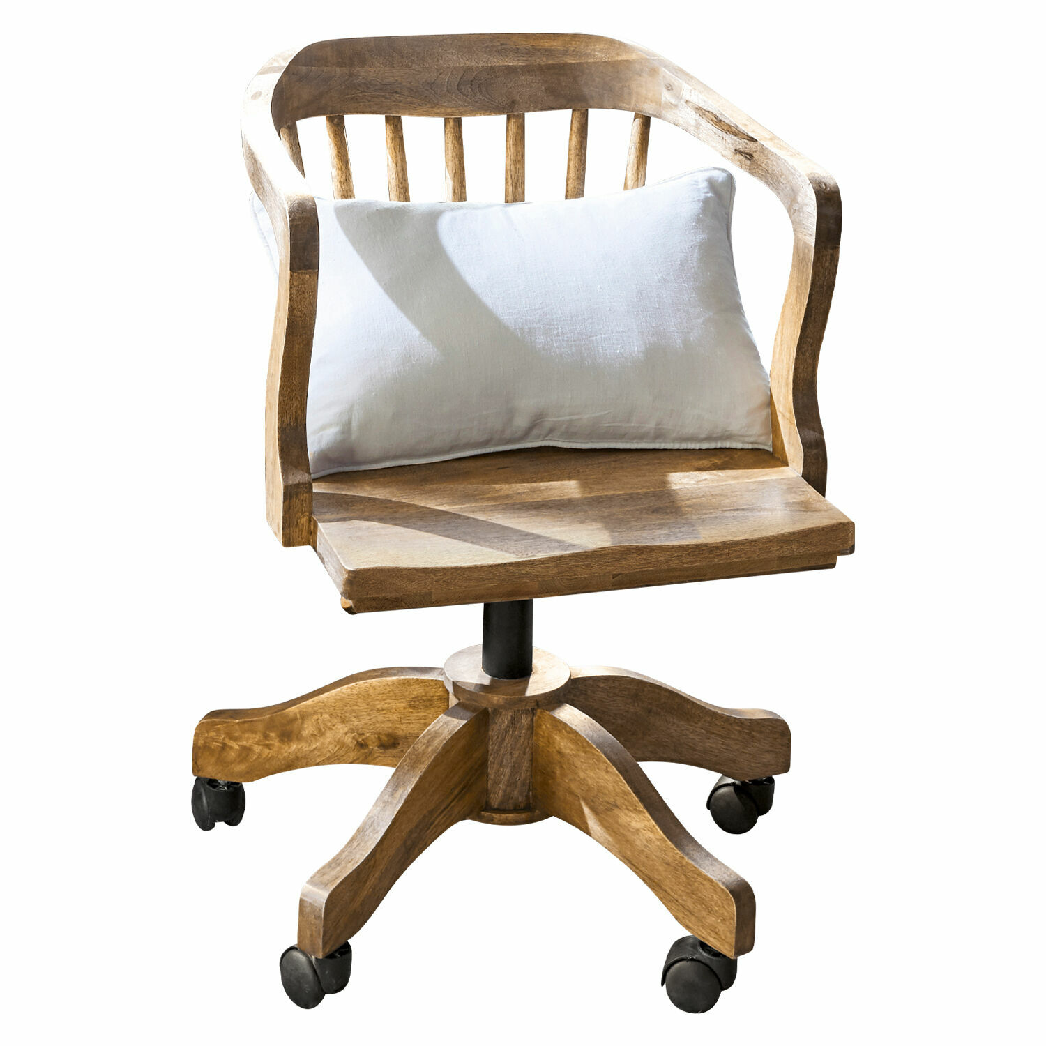 Sedia per scrivania Kerava Sedia da ufficio girevole in legno di mango naturale con cuscino bianco e ruote