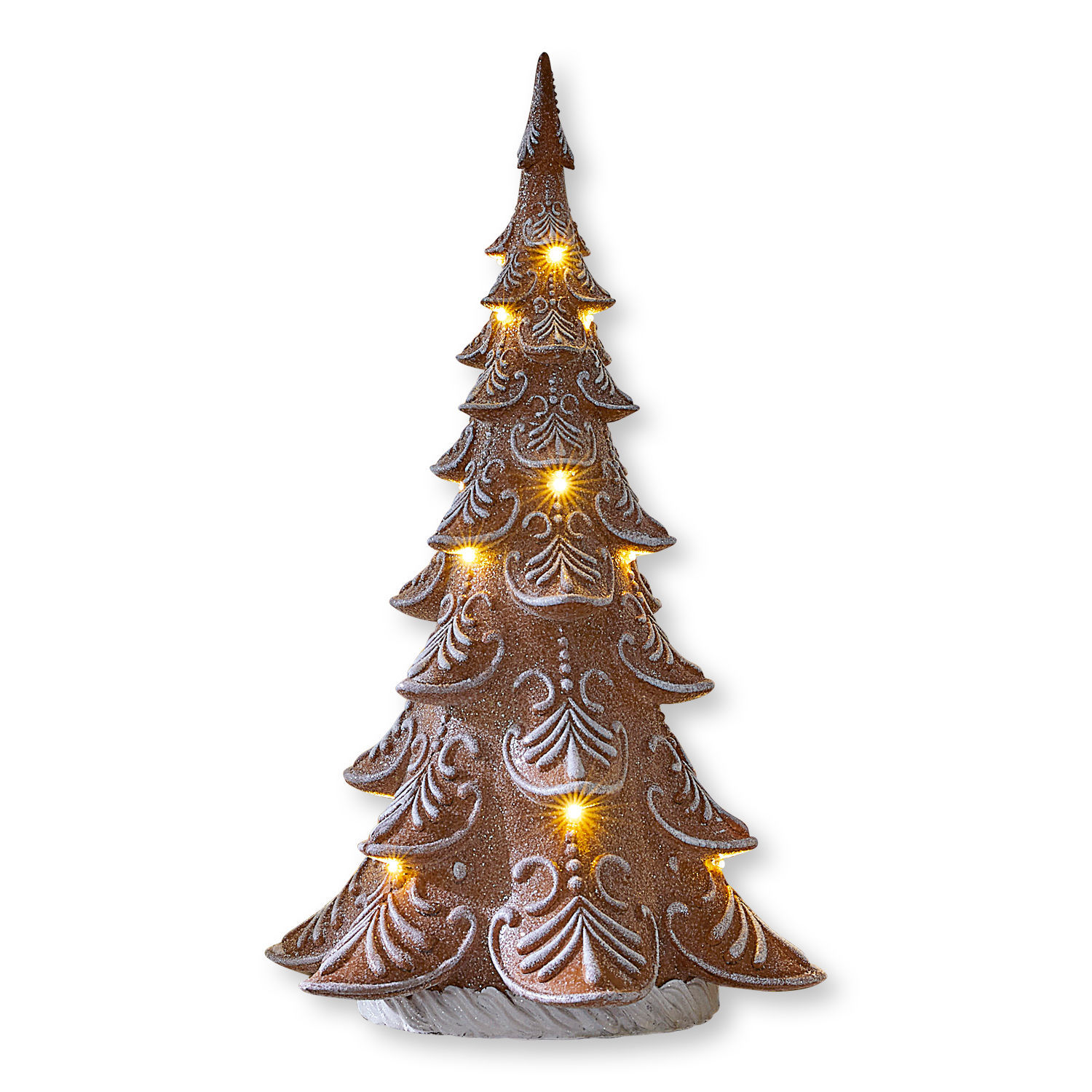 Alberello decorativo Anyama Albero di Natale in ceramica marrone con motivo bianco e luci LED gialle calde decorative