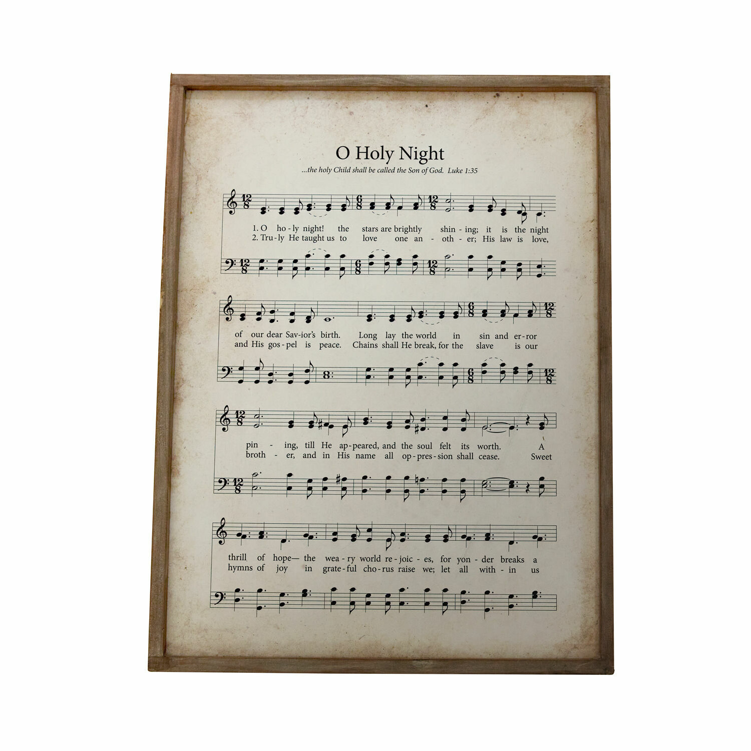Quadro Holy Night Quadro con spartito e testo di O Holy Night in cornice di legno su sfondo bianco