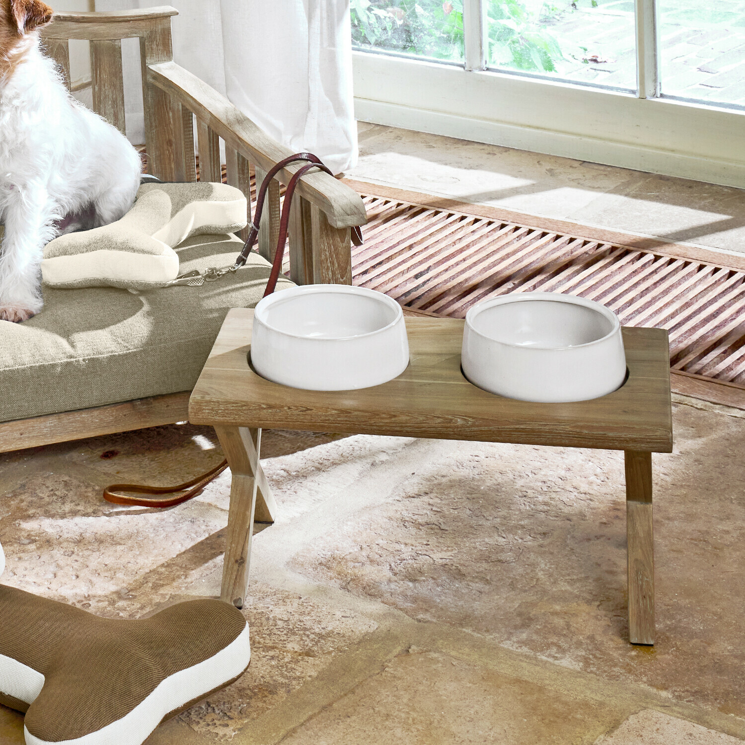 Coppia di ciotole per animali Felluna Doppia ciotola in ceramica su supporto in legno naturale per alimentare cani in casa