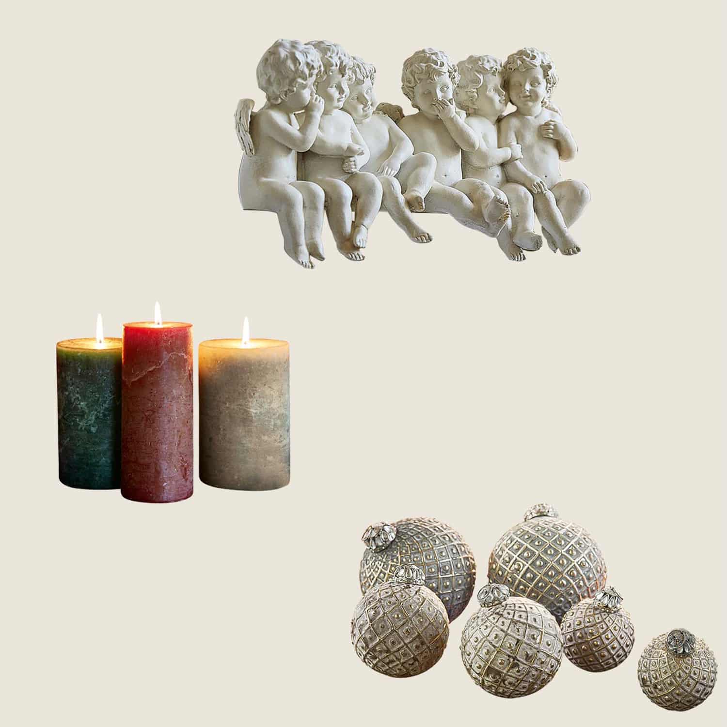 Figure di angeli bianchi in ceramica, tre candele colorate e sfere decorative con motivo geometrico